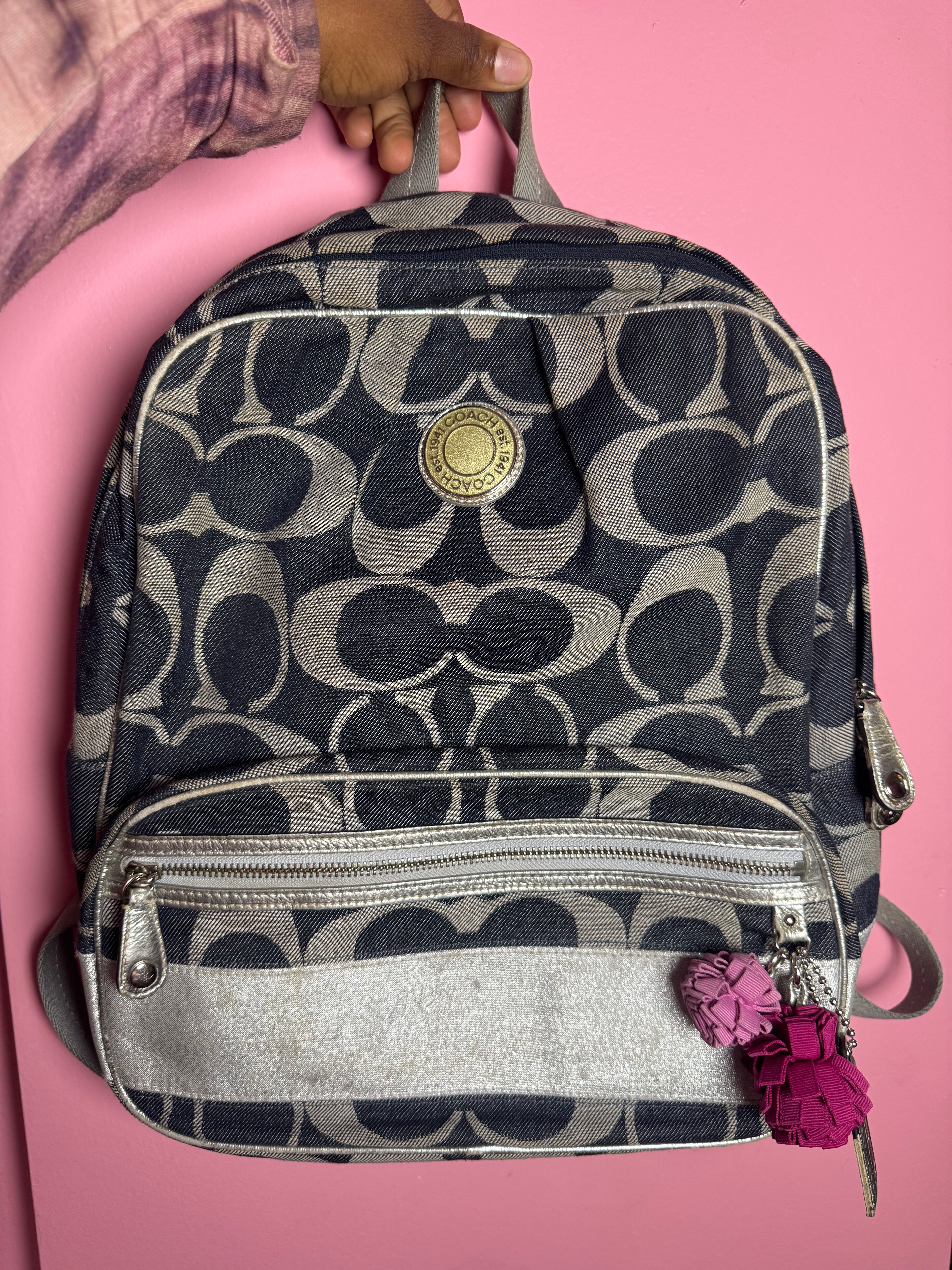 2000’s silver and denim Coach backpack