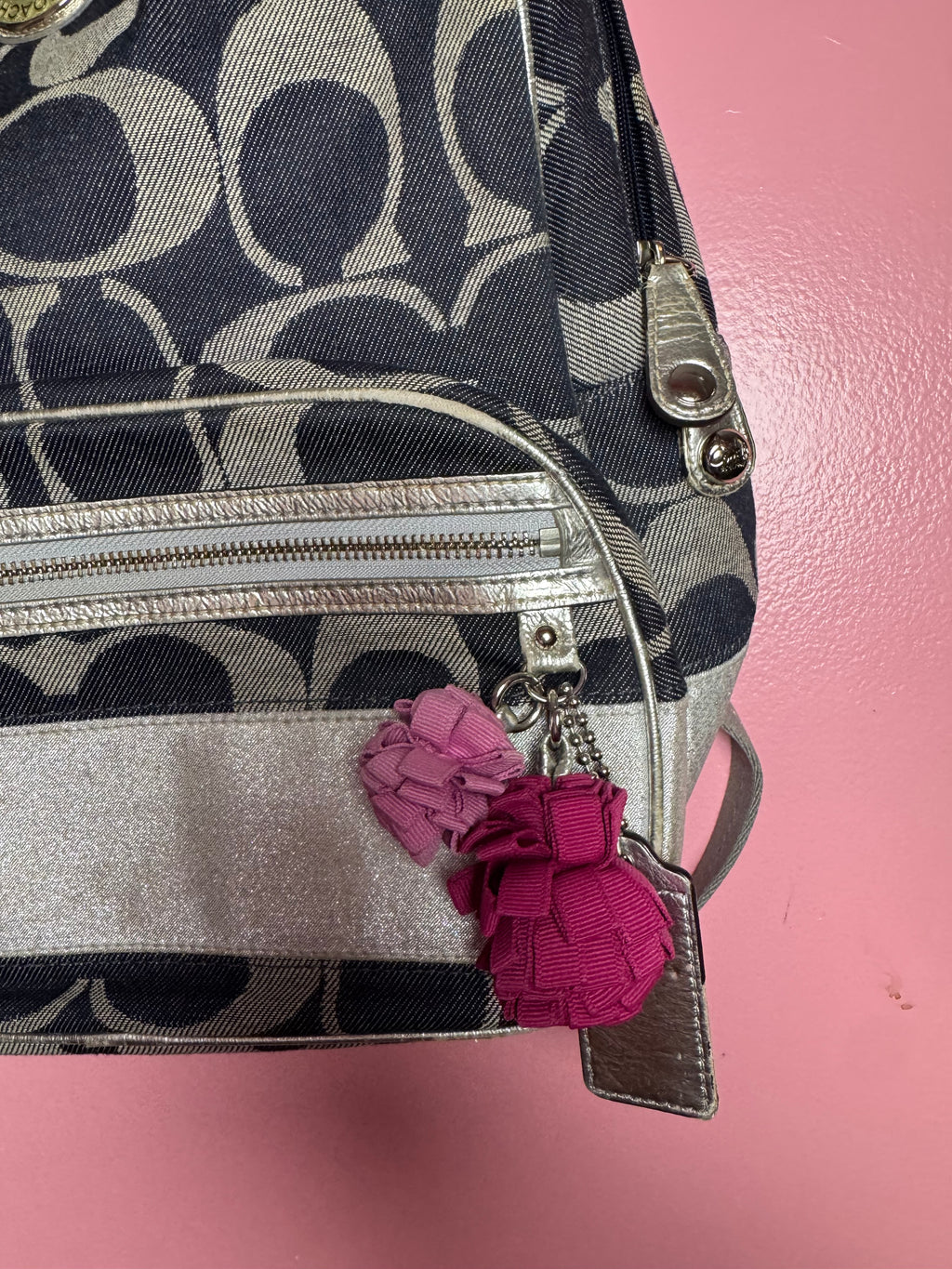 2000’s silver and denim Coach backpack