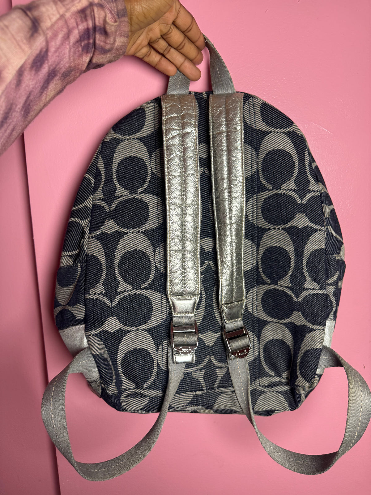 2000’s silver and denim Coach backpack