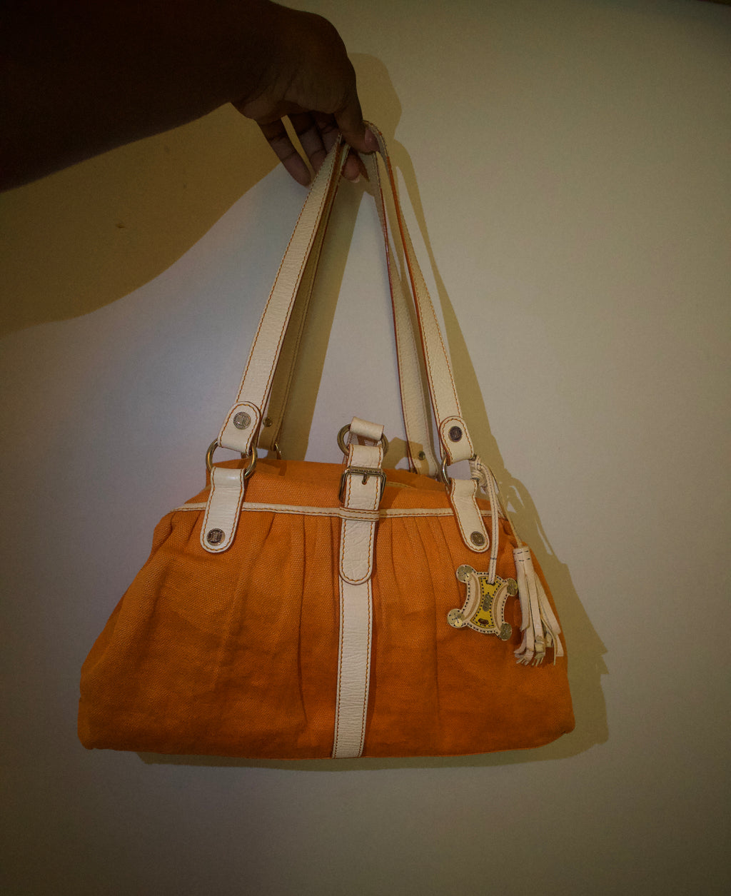 Celine Orange/Beige Canvas and Leather Tassel Tote