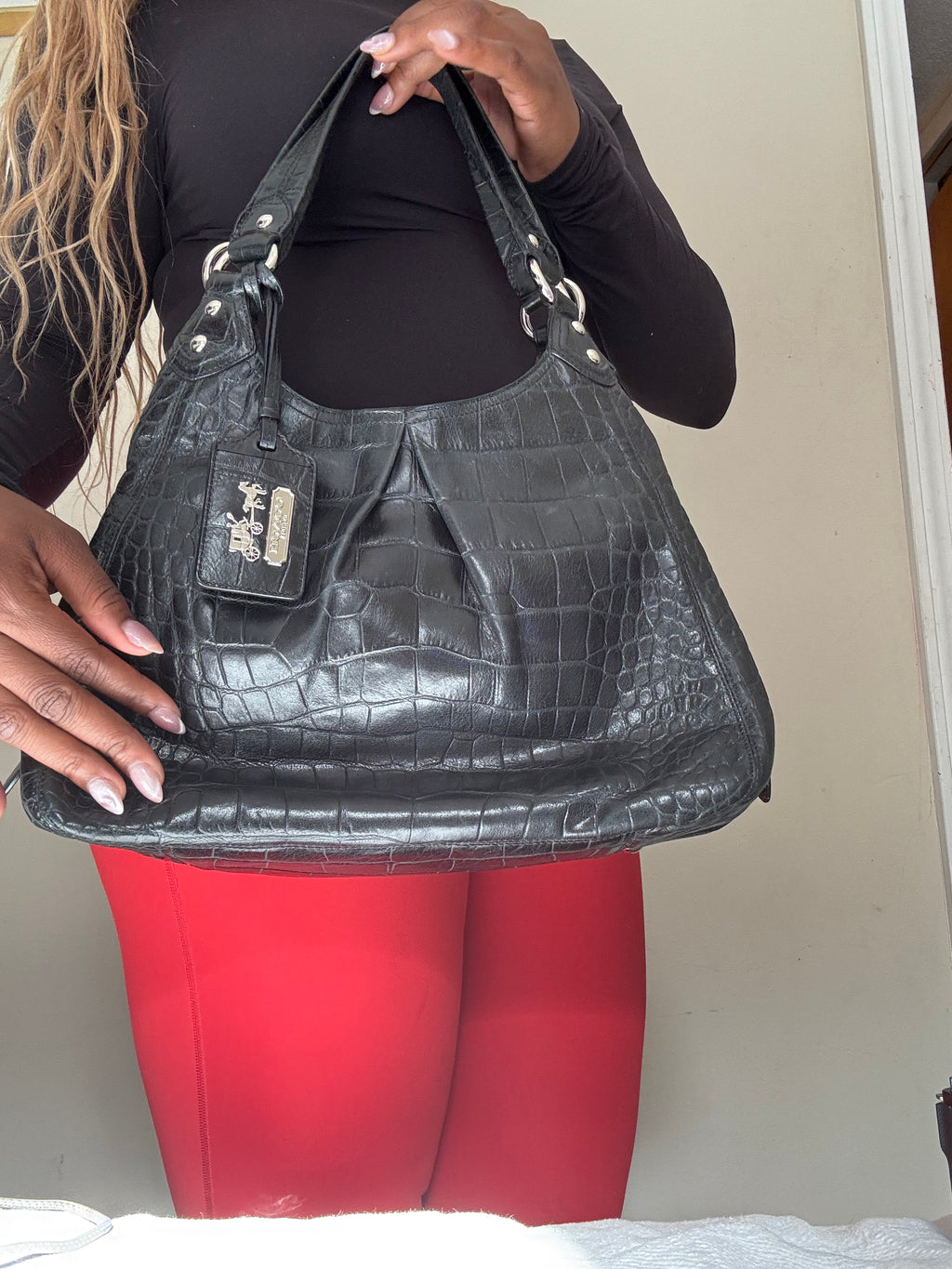 Coach Madison Maggie Croc Embossed y2k Shoulder Bag-Black